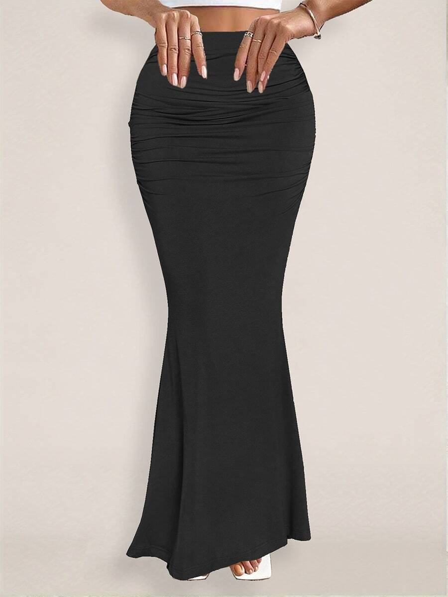 Falda de sirena de unicolor a la moda con dobladillo con volantes para mujer, falda elegante con pliegues y dobladillo con volantes de longitud midi de ajuste regular color negro liso para uso diario casual - Negro - Ver 1