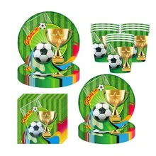 Juego de vajilla desechable con temática de trofeo de fútbol, incluye platos, vasos y servilletas. Adecuado para fiestas de cumpleaños, baby showers, reuniones familiares, reuniones de clase, picnics, revelación de género, eventos deportivos y celebraciones. Juego de suministros para fiestas de 10/20/30 piezas. - Multicolor - Ver 1