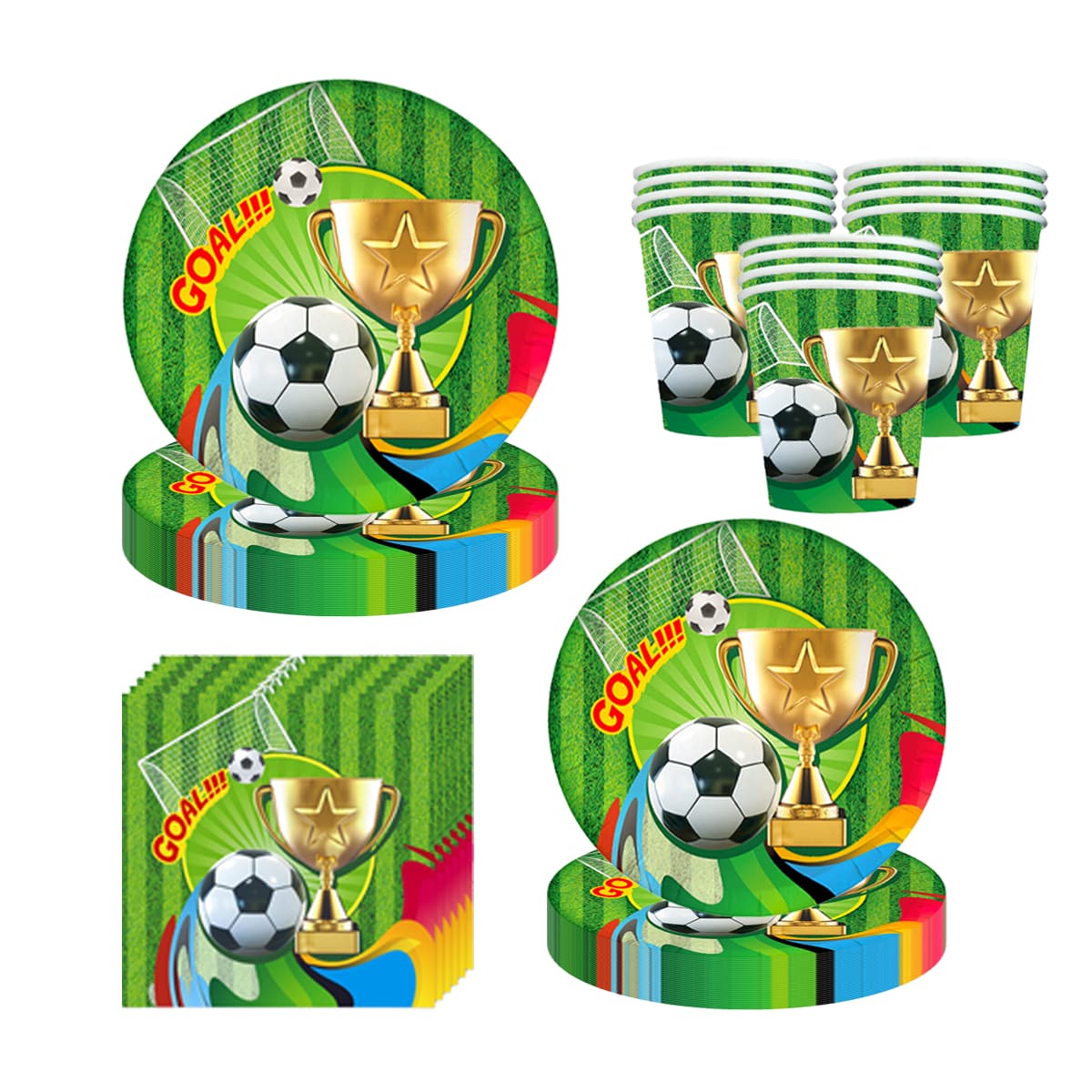 Juego de vajilla desechable con temática de trofeo de fútbol, incluye platos, vasos y servilletas. Adecuado para fiestas de cumpleaños, baby showers, reuniones familiares, reuniones de clase, picnics, revelación de género, eventos deportivos y celebraciones. Juego de suministros para fiestas de 10/20/30 piezas. - Multicolor - Ver 1