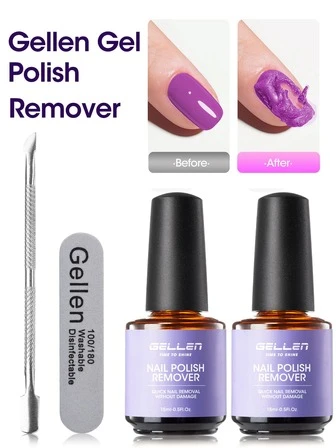  Gellen Gel Nail Polish Remover, 1pc/2Pcs Gel Polish Remover With Nail File And Cuticle Pusher, Gel Nail Polish Remover For Nails Easily And Quickly Remove Gel Polish In 2-5 Minutes