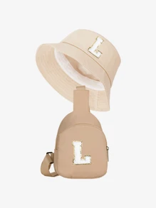 2 pezzi Set di cappello a secchiello e borsa con stampa 26 lettere per bambini, outfit di moda per bambini e bambine adatto per uso quotidiano in primavera e autunno