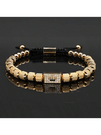 1 件皇家金皇冠吊坠男士手链，不锈钢复古可调节串珠手链，感恩节/圣诞节/父亲节珠宝礼物