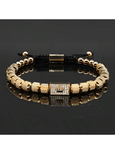 1 pieza Brazalete de hombre con dije de corona dorada real, pulsera ajustable de acero inoxidable con cuentas vintage, regalo de joyería para el Día de Acción de Gracias/Navidad/Día del Padre