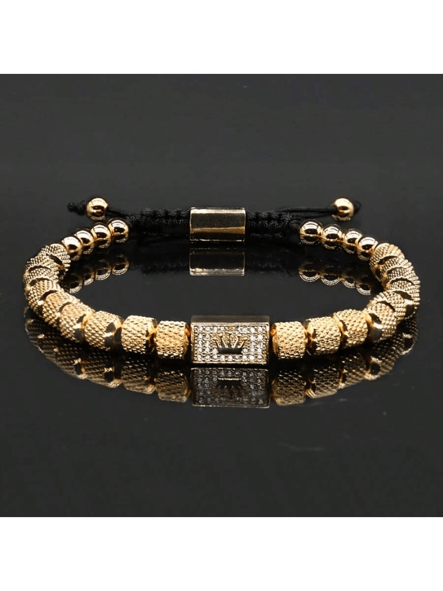 1 pieza Brazalete de hombre con dije de corona dorada real, pulsera ajustable de acero inoxidable con cuentas vintage, regalo de joyería para el Día de Acción de Gracias/Navidad/Día del Padre