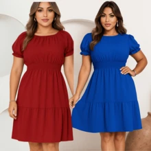 Kit 2 Women's Dresses Casual Vibrant Colors Ruffle Short Sleeves Elegant - 深色水洗藍 - 查看 1