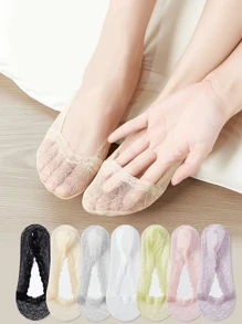 5 piezas Calcetines sin costuras de algodón con borde de encaje y diseño delgado, antideslizantes e invisibles, adecuados para uso diario en verano