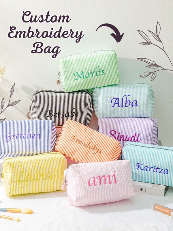 Bolsa de maquillaje personalizada con nombre, bolsa de cosméticos personalizadarr, bolso de regalo de monograma, caja de damas de honor, paquete de cuidado cosmético para ella, artículos de tocador, ahorro de espacio, letter, exquisito a rayas, estilo, elegante, ordenado, con estilo casual, hallazgos de tesoros básicos únicos, regalo para dama de compañía, regalos para bodas, suministros para el día de la boda, obsequio ideal para la familia, amigos, amigas, útiles escolares, para estudiantes, estudiantes universitarios, escuela secundaria secundaria, universidad, secundariaHigh para adolescentes, preparatoria, dormitorio, sala de universidadBack