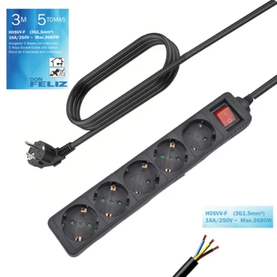 Don Feliz 3m/5tomas, Regleta de enchufes con interruptor, color Negro, extensor de enchufes, base multitomas de 5 tomas, enchufes tipo Schucko con interruptor, 16a/250v 3680w, cable 3g 1.5mm2, longitud 3m, para hogar, oficina, comercio, etc.