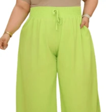 Women's PLUS SIZE Wide Leg Pants With Firm And Structured Waistband, Very Fluid, Fits Up To Size 60 - 青檸色 - 查看 2