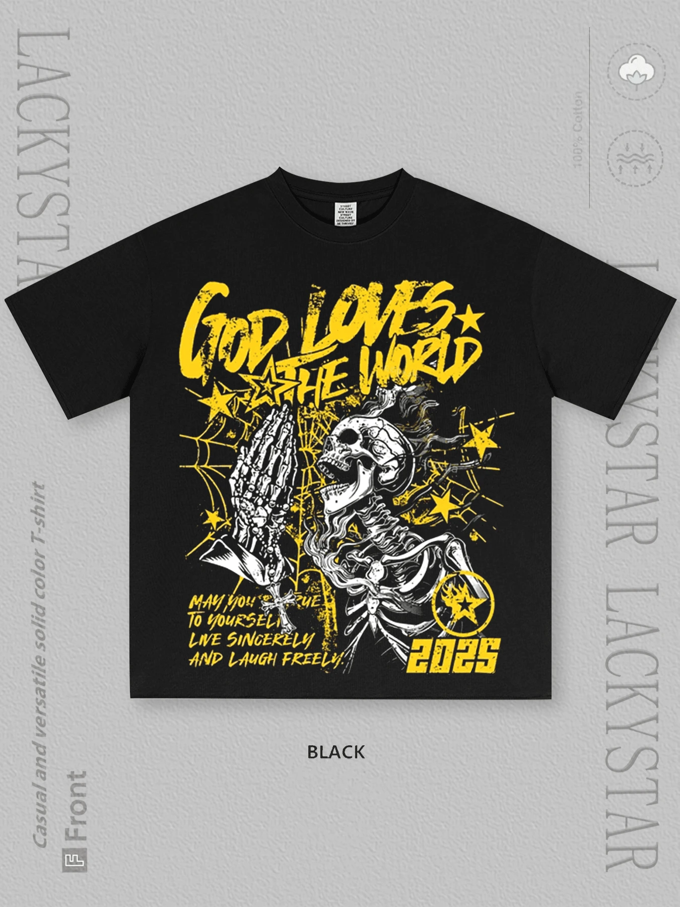 Skeleton Prayer "God Loves The World" Religious Discourse Combined With Rebellious Elements Such As Skeletons ... Y2K Style 100% Cotton T-Shirts Feature A Youthful And Fashionable Design. They Come They Are Perfect For Casual Wear And Street Style. They Are Excellent Gifts For Friends And Family.Made In America