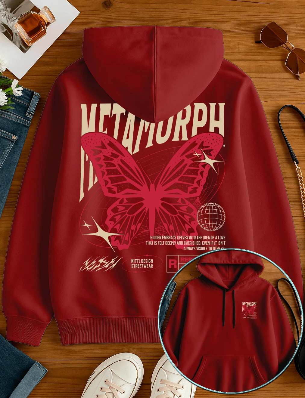 Women's Kangaroo Sweatshirt Printed Cars Butterfly V4 Streetwear Art Blouse Cold Weather Streetwear Basic Jacket 50% Polyester 50% Cotton Unisex Men's - Màu Đỏ Sâu - Xem 1