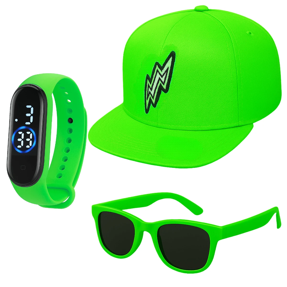 Children's Style Combo Cap + Colorful Glasses + LED Watch - For Children From 3 To 9 Years Old Influencer Kit - Lime Green - View 1