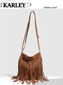 1 pieza Bolso de cubo vintage de moda con borlas, bolso bandolera cruzado reversible con borlas para mujer