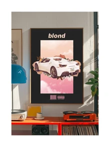 1pc White Car With "Blond"On Pink - Cloud Background Prints Canvas Painting "Artistic Creative Poster Of Pink Clouds And White Car" Decor For Bedroom ,Living Room ,Office Room ,Wall Decor