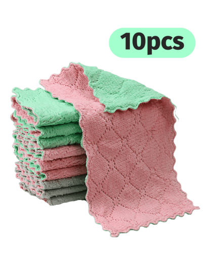 10pcs Random Color Hangable Coral Fleece Dish Cloth, Kitchen Household Absorbent Dish Towel, Scouring Rag, Hand Wipe Towel, Cleaning Cloth For Small Business Owners/Retailers,Kitchen,Bathroom,Home,Household Suppliers