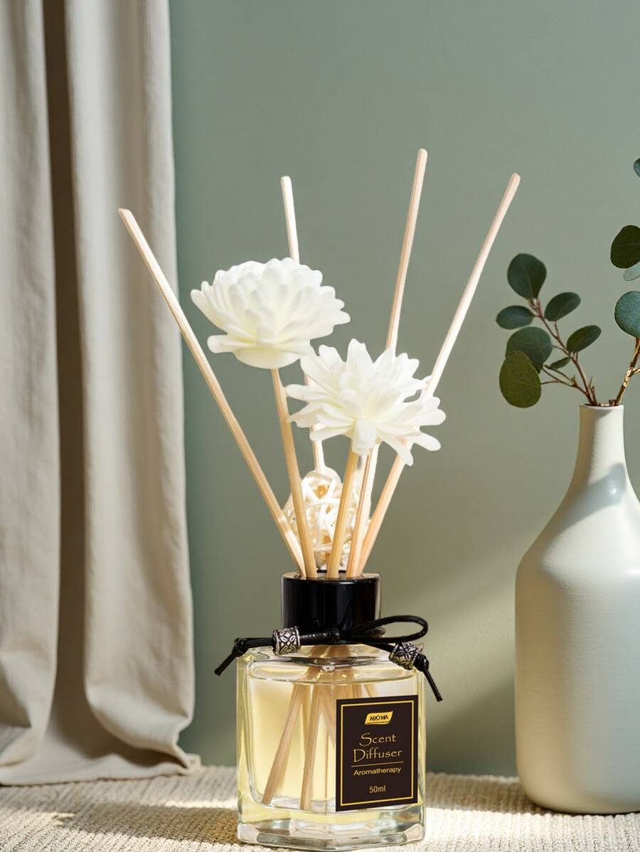 1.69 Ounce Scented Reed Diffuser Set - Rectangular Glass Bottle With Rattan And Aoi K ō Hana For Home, Hotel Fragrance, Indoor And Bathroom - Long-Lasting Air Freshener, Toilet Deodorizer, No Electricity Required