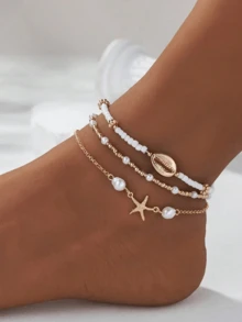 3pcs/Set Summer Beach Style Metal Starfish & Shell Beaded Glass Anklet Set For Women - Gold - View 6