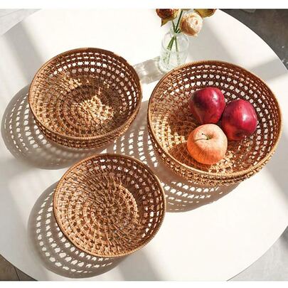 1 件 8.6/9.8/11 英寸圆形编织藤条收纳篮，手工编织水果篮，轻奢桌面茶几小零食收纳盒