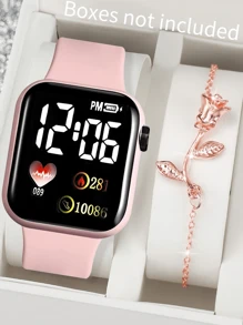 1 pièce Montre carrée numérique en forme de cœur pour femme style dessin animé et 1 pièce Bracelet pour femme. Cadeau de Saint-Valentin, de Noël, de remise des diplômes, montre électronique pour l'école, convient pour un port quotidien