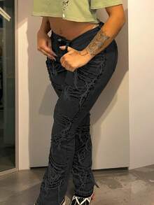 Y2K 90s Streetwear Distressed Denim Jeans With Diagonal Pockets, High Stretch, Frayed Edges, Unique Fringed Patchwork Design, Hip Hop Style - Black - View 4