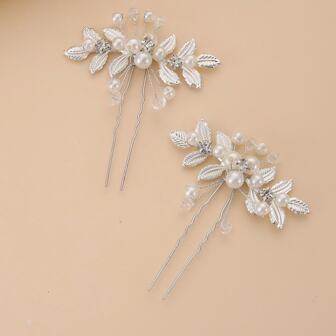 2 件套新娘发夹、复古银色仿珍珠和水钻手工发夹、U 型发夹、叶子发饰、婚礼发梳、侧梳、学校用品、珍珠发饰
