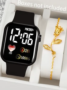 1 pièce Montre carrée numérique en forme de cœur pour femme style dessin animé et 1 pièce Bracelet pour femme. Cadeau de Saint-Valentin, de Noël, de remise des diplômes, montre électronique pour l'école, convient pour un port quotidien