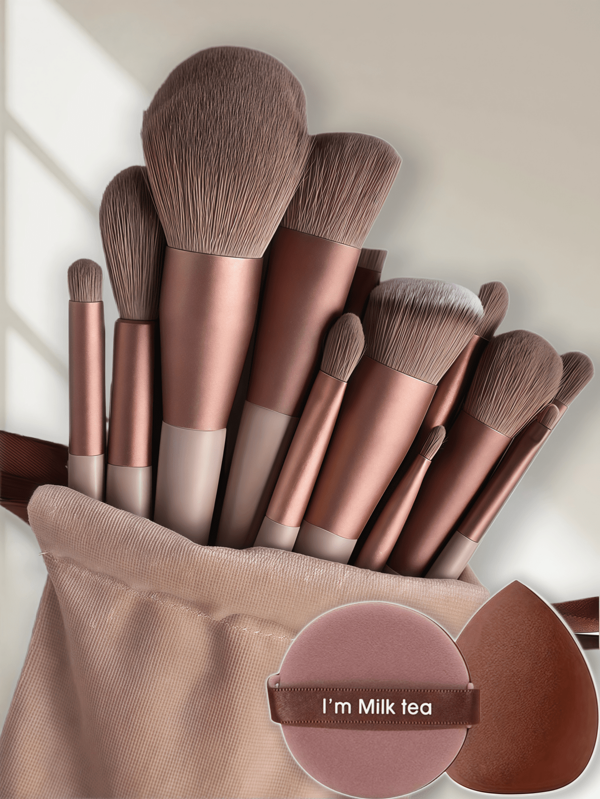 Juego de 13 brochas de maquillaje + 2 esponjas de maquillaje marrones, sombras de ojos, base, BB cream, brochas para corrector, herramientas de maquillaje todo en uno suaves, ideales para viajar, vacaciones, playa, regalo para mujeres y niñas, estilo de verano, regalo de vuelta al colegio