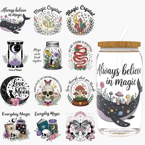 12PCS/SET UV DTF Transfer Stickers Boho Mystical Style For Mugs, Cups, Bottles, School Supplies, Crafts, DIY Art - Easy To Apply DIY Crafts(Mug Not Included)