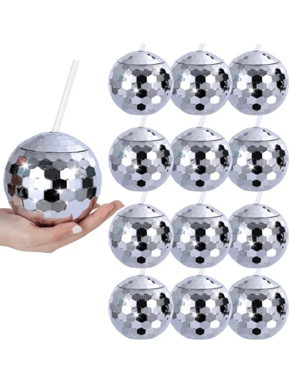 6 piezas Vasos de bola de discoteca con tapas, vasos de cóctel con bola luminosa reutilizable, adecuados para fiestas, discotecas, bares, cumpleaños, bodas, despedidas de soltero, recuerdos de fiesta (plateado), decoración navideña, regalos navideños para el hogar, decoraciones navideñas