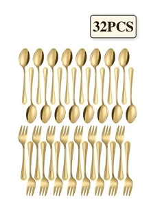 4/8/12/24/32pcs Dessert Fork & Spoon Set, Suitable For Dessert, Cake, Ice Cream, Fruit, Perfect For Birthday Party, Afternoon Tea, Holiday Celebration - Gold - View 11
