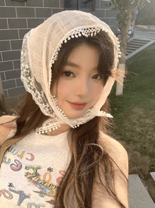 1 pièce Foulard en dentelle florale vintage pour fille, foulard décoratif beige de style français, foulard en soie rétro rural, bandana pour cheveux de printemps/été