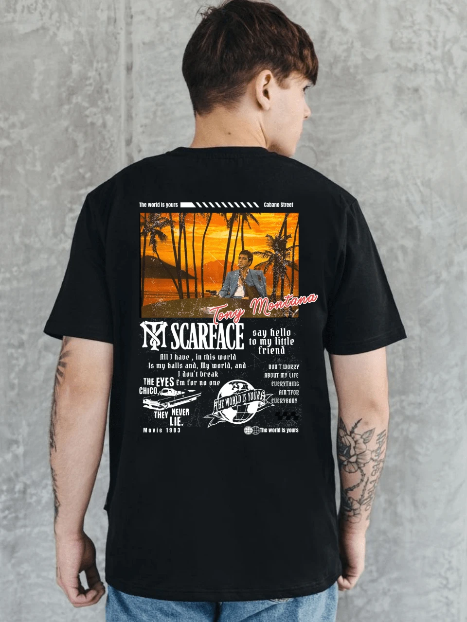 Playera 100% Algodón Peinado Cuello Redondo Modelo Tony Montana Unisex The World Is Yours The Eyes Never Lie Ideal Para Uso Diario, Casual, Streetwear - Negro - Ver 1