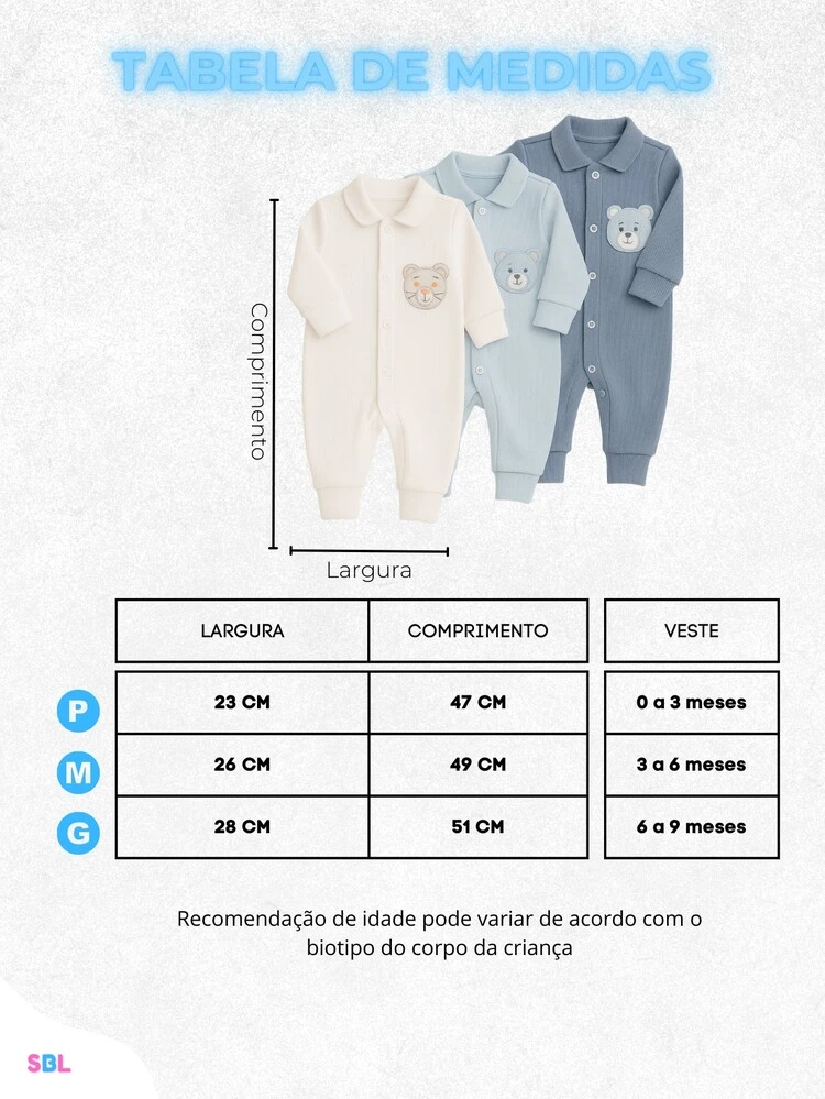 Kit 3 Menino Macacão de Bebe Canelado Bordado Vira pé 0 a 9 Meses Enxoval Recém-nascido - Multicolorido - Visão 5
