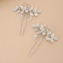 2 件套新娘复古银仿珍珠和水钻发梳，手工叶子设计发夹，适合婚礼盘发、发饰、侧梳 - 銀色 - 查看 4