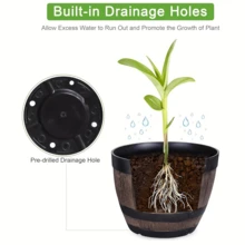 A Set Of Old-Fashioned Whisky Cask Flowerpots With Trays - 2pcs (One Base + One Flowerpot), Striped Plastic Flowerpots With Drainage Holes, Suitable For Living Rooms, Bedrooms, Outdoors, Gardens, Balconies, Apartments, Offices, And Rural Inns. Flowerpots, Flower Baskets, Suitable For Growing Herbs And Succulents - Round Garden Flowerpots - View 5