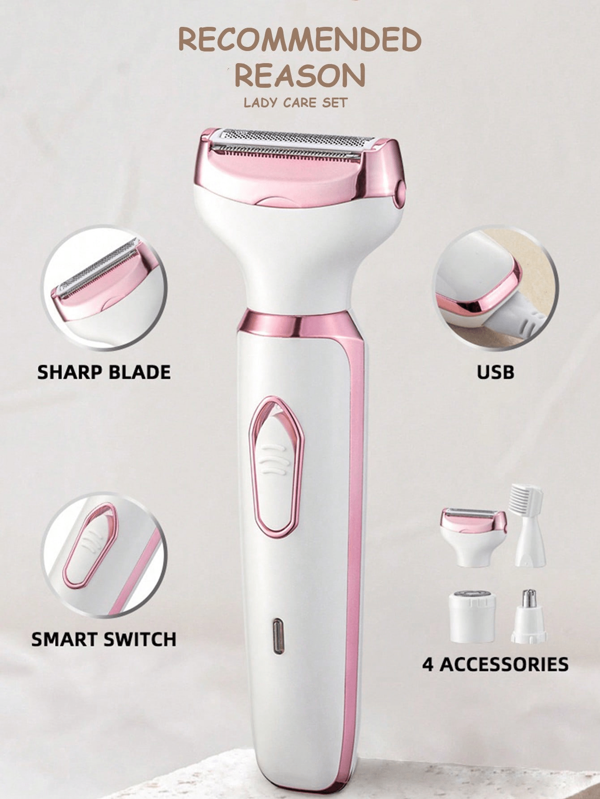 GENAI Kit de depilador eléctrico para mujeres 4 en 1 - Incluye cortadora de pelo eléctrica, recortadora de bikini, recortadora de cejas, recortadora de vello nasal - Recargable por USB - Depilación delicada para cara, piernas, área del bikini - Regalo perfecto para mujeres y Día de la Madre