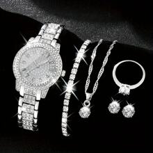 Relógios femininos da moda com 6 peças, mostrador digital, relógio de quartzo com strass, ponteiros redondos, relógios femininos e acessórios de joias, colar com strass, pulseira, brincos, conjunto de anéis, presente para festa de casamento, férias na praia, presente de dia dos namorados