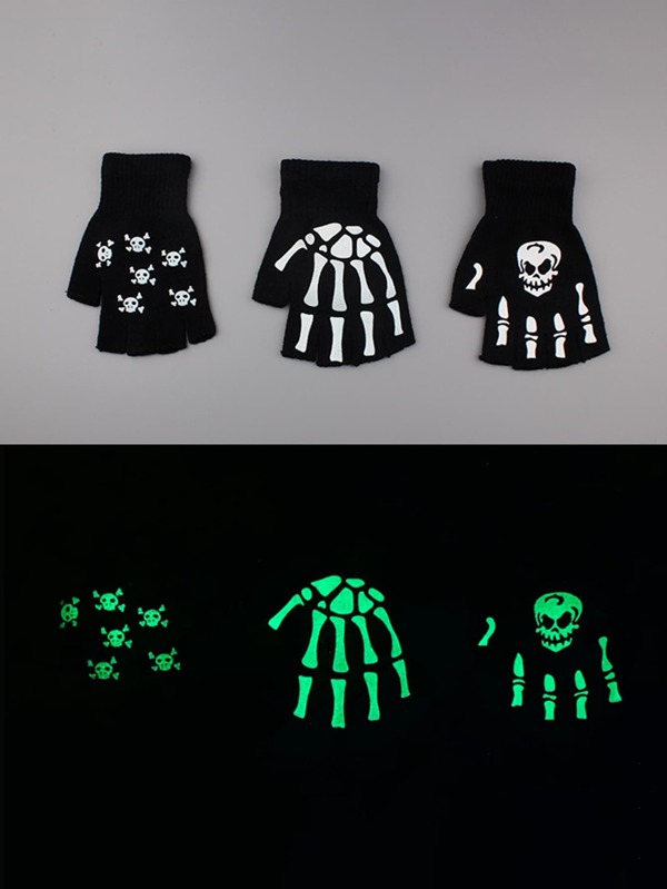 Halloween Skeleton Luminous Fingerless Knit Gloves, Skull & Claw Design Adult Sports Cycling Gloves