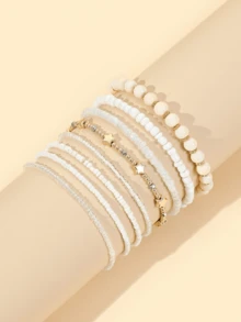8pcs Star Beaded Bracelet, Suitable For Daily Wear - White - View 1