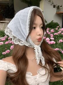 1 pièce Foulard en dentelle florale vintage pour fille, foulard décoratif beige de style français, foulard en soie rétro rural, bandana pour cheveux de printemps/été