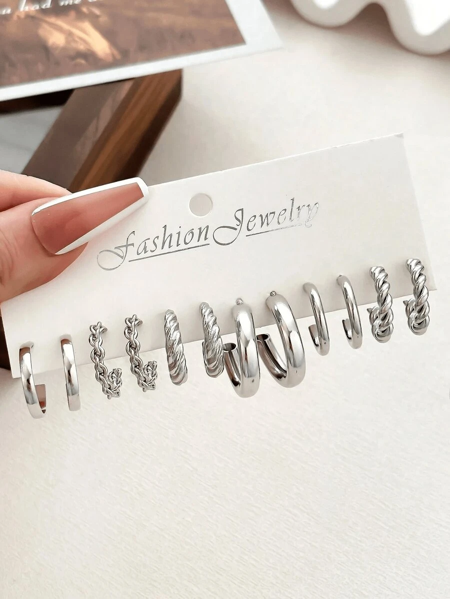 6pairs Faux Pearl Decor Twist Design Hoop Earrings - Silver - View 1