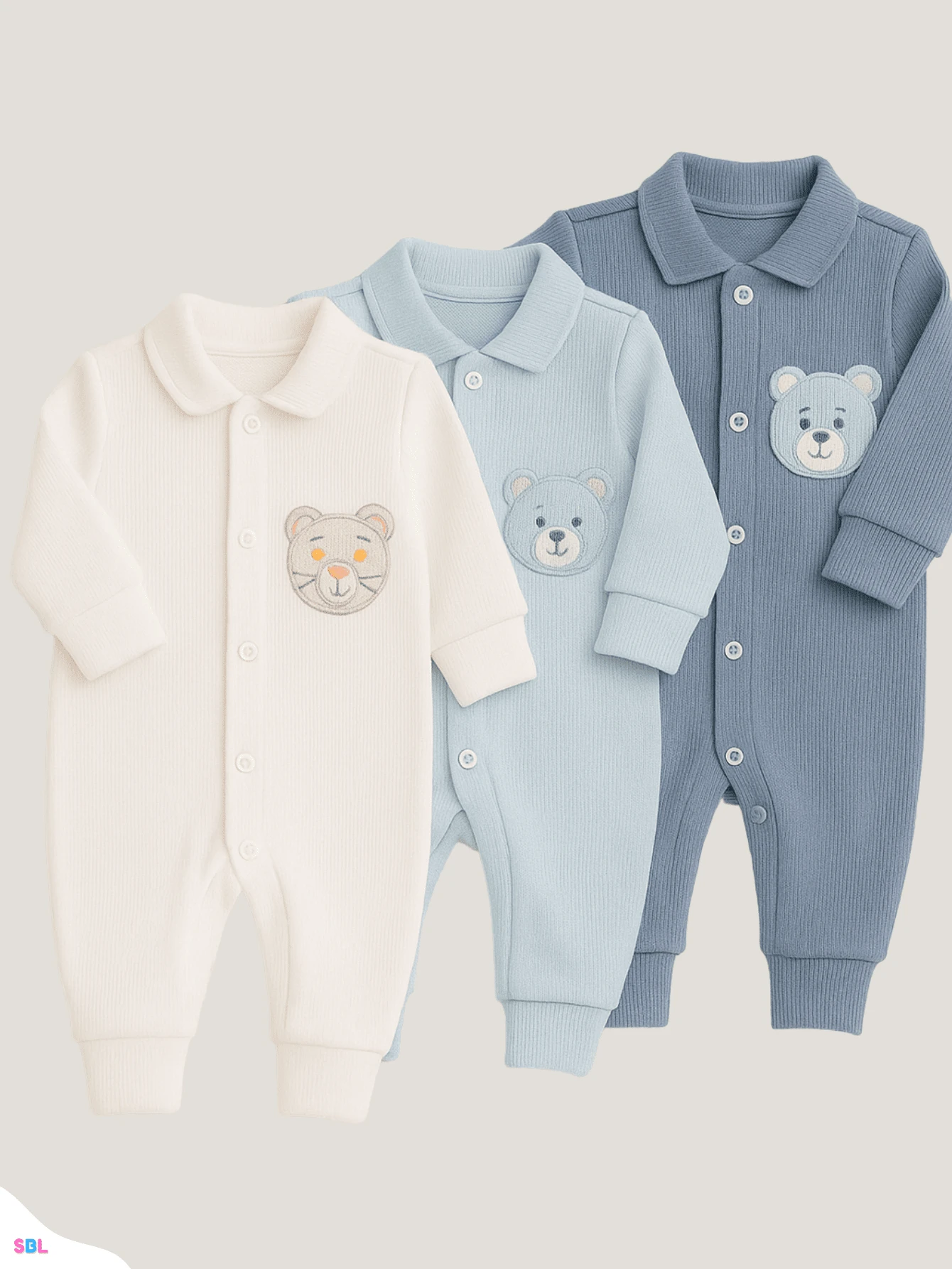 Kit 3 Menino Macacão de Bebe Canelado Bordado Vira pé 0 a 9 Meses Enxoval Recém-nascido - Multicolorido - Visão 1