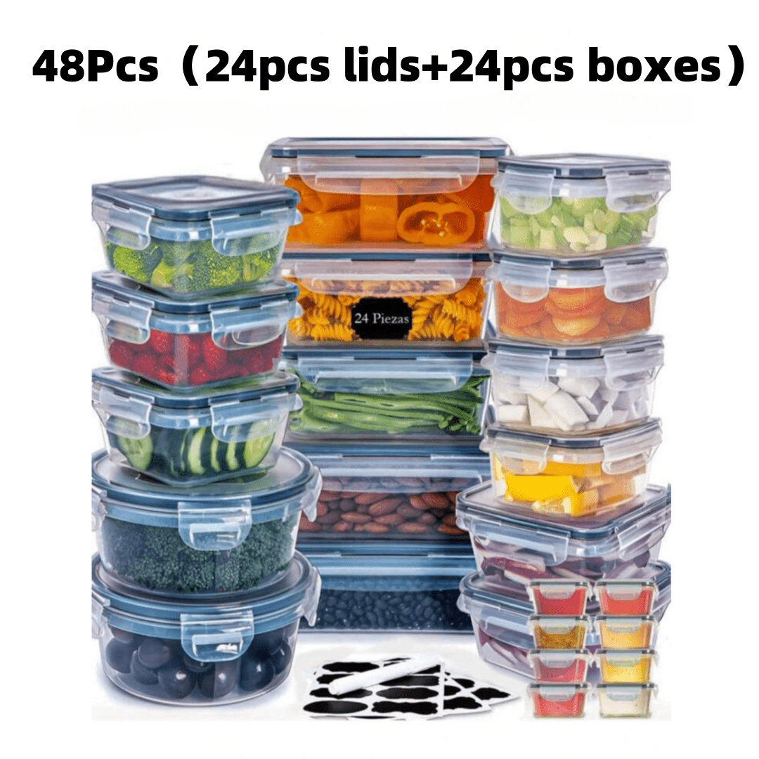 48 pièces/set Boîte de rangement pour aliments, boîtes à lunch, boîte de conservation des aliments avec couvercle facile à fermer (24 couvercles + 24 contenants) - Récipient en plastique hermétique pour utilisation dans les garde-manger, les voyages, les pique-niques, l'organisation de la cuisine, comprend des étiquettes et des marqueurs