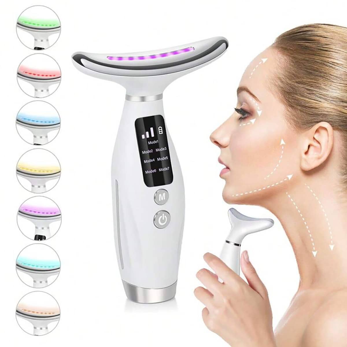 7-Color LED Facial Massager -4-In-1 USB Rechargeable Skin Care Device With Digital Display, Ergonomic Face And Neck Design, Multi-Mode Beauty Tool With Color Conversion Mode, Facial Skin Care - 白色 - 查看 1