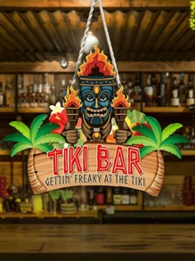 Panneau décoratif pour bar tiki - Art mural tropical en bois avec un masque bleu vibrant et des accents floraux, bannière "Gettin' Freaky At The Tiki", parfait pour la maison, le patio ou la décoration extérieure thème plage, sans électricité requise | Design texte audacieux | Thème tropical, décoration tiki