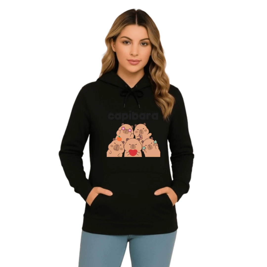 Blusa/Moletom Feminino Capivara Family C/Capuz Flanelado Moda Gringa - Preto - Visão 1