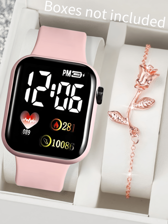 1 件卡通心形方形数字女士手表和 1 件女士手链情人节礼物圣诞礼物毕业礼物学校电子表适合日常佩戴