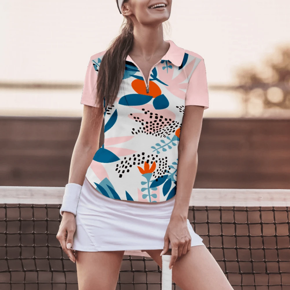 女士高尔夫球衫 短袖网球衫 四分之一拉链高尔夫套头衫 高尔夫 Polo 衫 - 彩色 - 查看 1