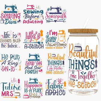 12PCS/SET UV DTF Cup Wraps The Mega Sewing Sticker Style Self-Adhesive Sticker For Coffee Cups, Water Bottles, Home Decor, Laptops And Refrigerator DIY Crafts(Glass Not Included)