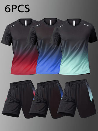 YINGHU 6 Stücke/Set Herren Sportoutfit, atmungsaktives Kurzarm T-Shirt, Basketball Sportbekleidungsset, geeignet für Laufen, Radfahren, Fitness